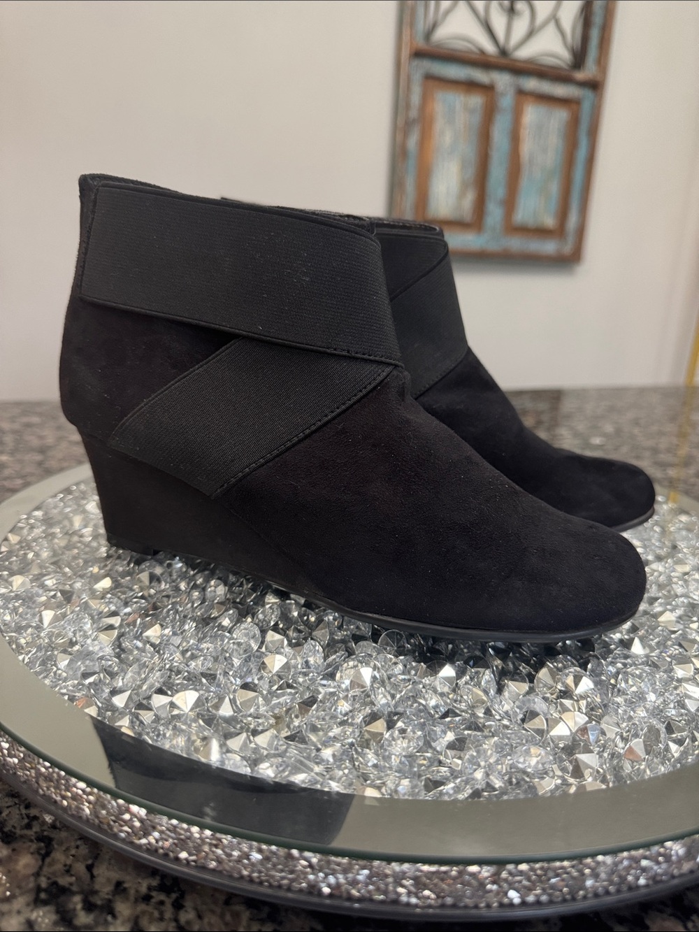 AEROSOLES Black Wedge Ankle Boots with Elastic Cross Strap
